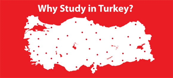 Map outlines of the country Turkey with the sentence why study in Turkey. 